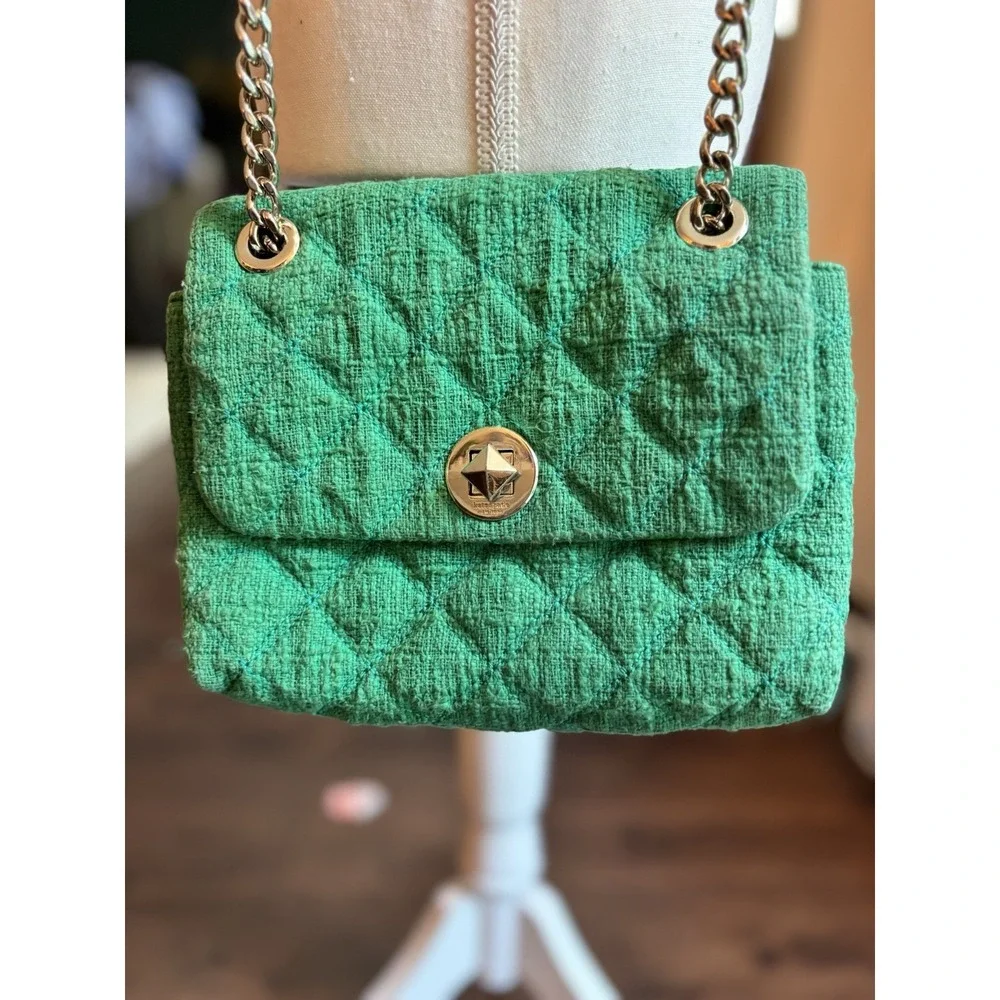 Kate‎ Spade Natalia Solid Quilted Tweed Crossbody Kelly Green Gold Chain New